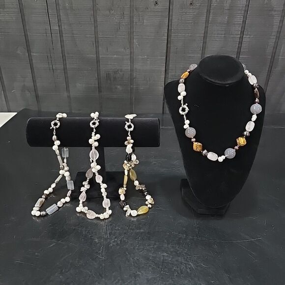 (4) Gemstone Agate Chunky Necklaces Set Statement Tigers Eye Pearls Rose Quartz - Picture 1 of 16